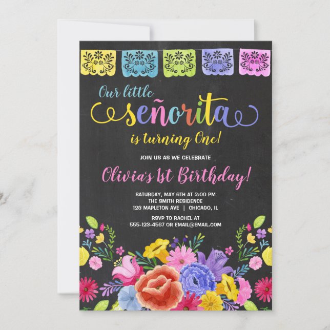 Invitation Fiesta girl anniversaire aquarelle florale (Devant)