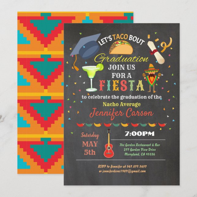 Invitation Fiesta graduation chalkboard taco (Devant / Derrière)