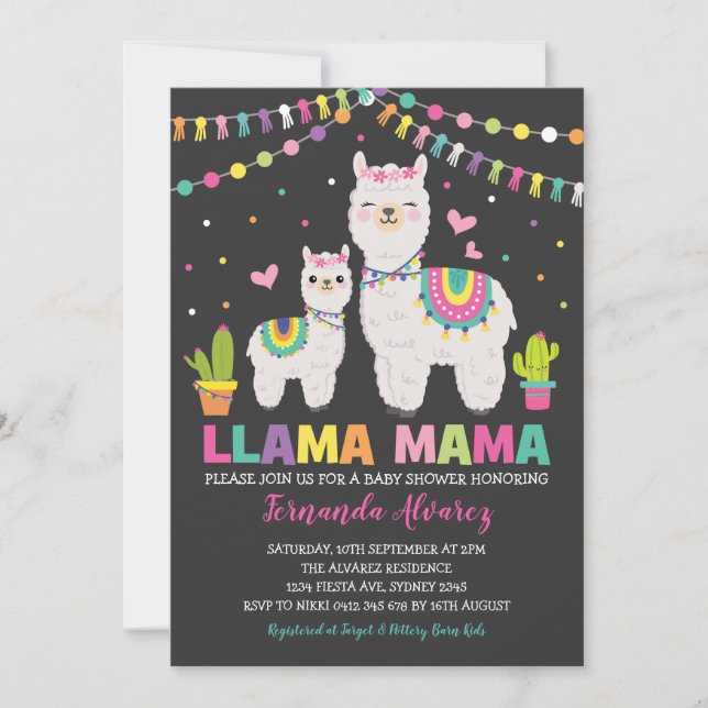 Invitation Fiesta Llama Girl Baby shower / Cactus Alpaca (Devant)