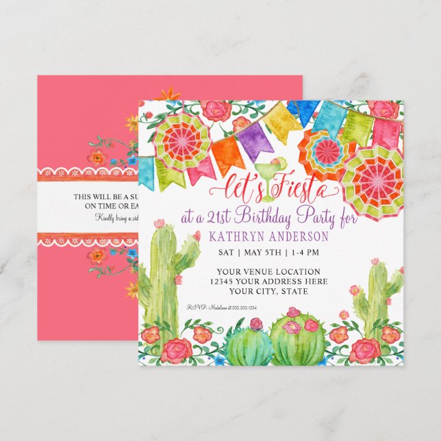 Invitation Fiesta Margarita Cactus 21e anniversaire Surprise (Devant / Derrière)