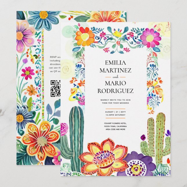 Invitation FIESTA MARIAGE - Fleurs Folkart Moderne (Devant / Derrière)