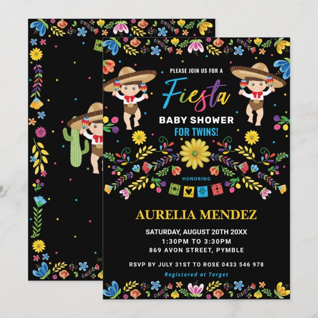 Invitation Fiesta Mexicaine Cute Twins Boys Twin Baby shower (Devant / Derrière)