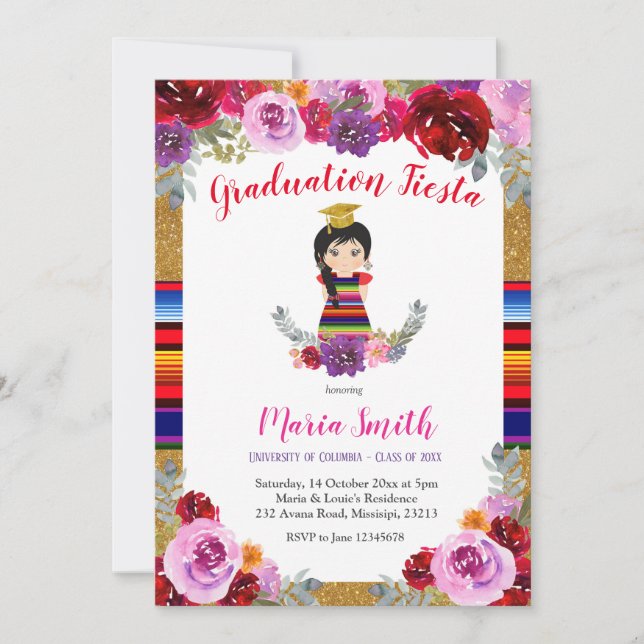 Invitation Fiesta Mexicaine Floral Girl Graduation (Devant)