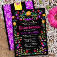 Fiesta noire mexicaine Folk Art Floral Quinceanera