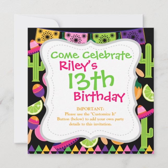 Invitation Fiesta Party Sombrero Cactus Lims Peppers Maracas (Devant)