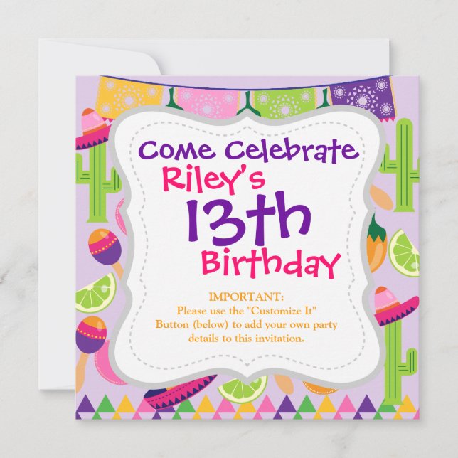 Invitation Fiesta Party Sombrero Cactus Lims Peppers Maracas (Devant)