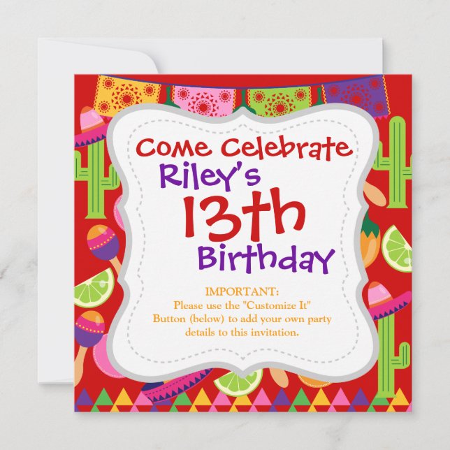Invitation Fiesta Party Sombrero Limes Guitare Maraca Saguaro (Devant)