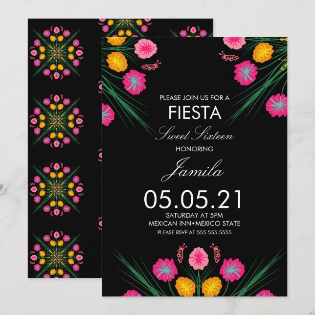 Invitation Fiesta Sweet 16 papillons floraux mexicains dessin (Devant / Derrière)