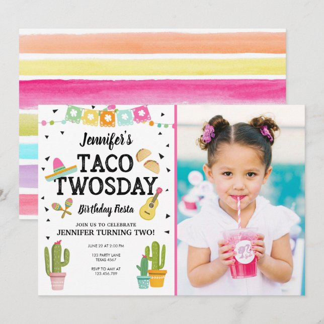 Invitation Fiesta Taco Twosday Cactus Girl 2e fête d'annivers (Devant / Derrière)