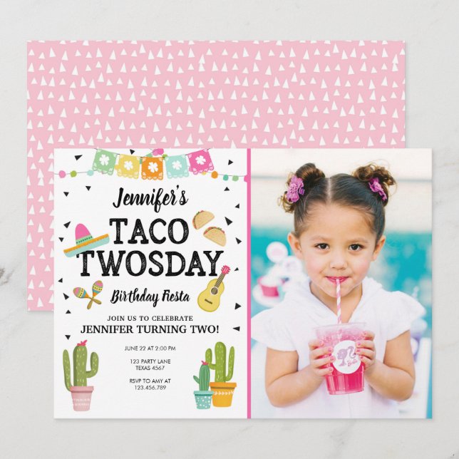 Invitation Fiesta Taco Twosday Cactus Girl 2e fête d'annivers (Devant / Derrière)