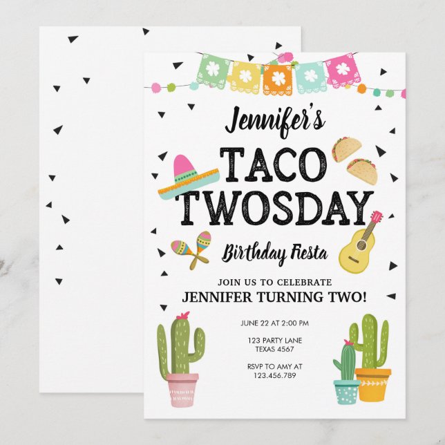 Invitation Fiesta Taco Twosday Cactus Girl 2e fête d'annivers (Devant / Derrière)