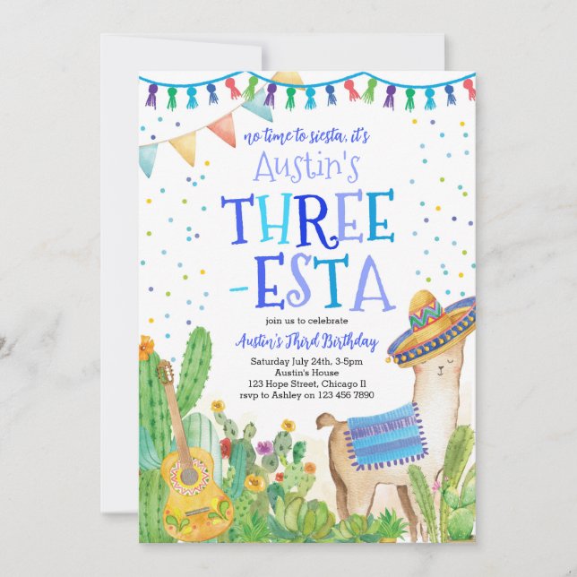 Invitation Fiesta Three Esta Boy Blue 3ème anniversaire Invit (Devant)