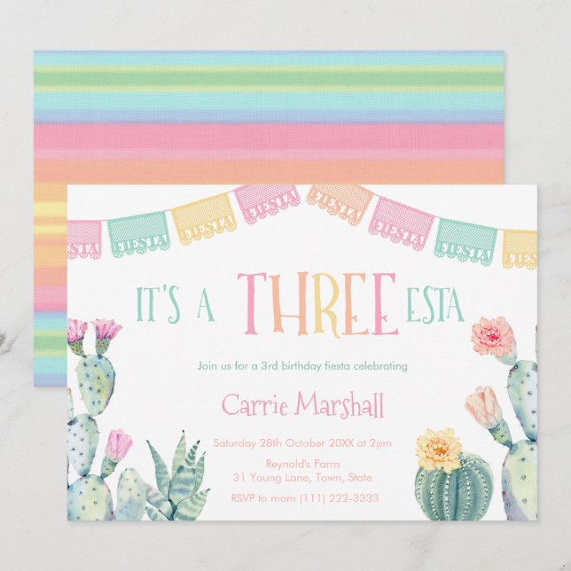 Invitation Fiesta Trois Esta 3ème Anniversaire Fête Pour Fill (Devant / Derrière)