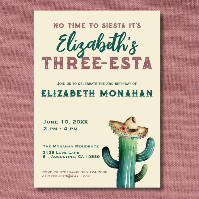 Invitation Fiesta Watercolor Cactus Trois-esta Birthday (Créateur téléchargé)