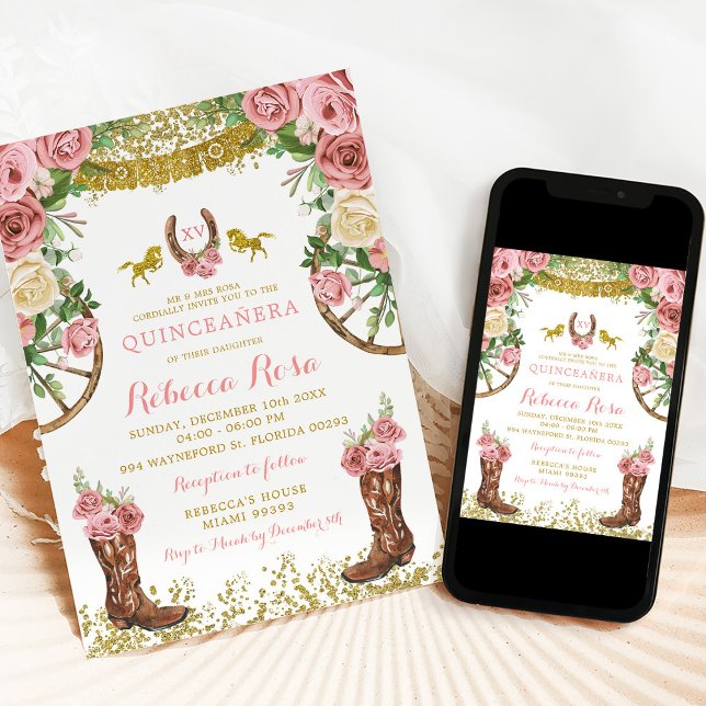 Invitation Fiesta Western Mexicaine Dusty Rose Gold Quinceañe (Créateur téléchargé)