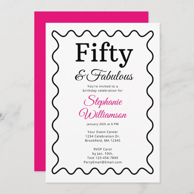 Invitation Fifty and Fabulous Black and Pink Script (Devant / Derrière)