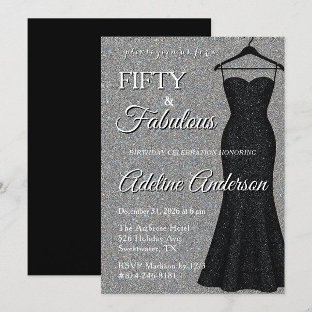 Invitation Fifty and Fabulous Black and Silver 50th Birthday  (Devant / Derrière)