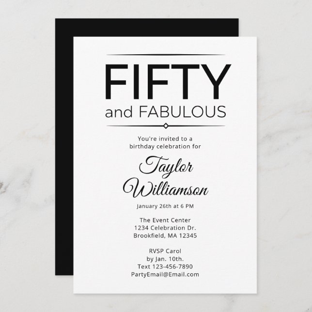 Invitation Fifty and Fabulous Black and White Script (Devant / Derrière)