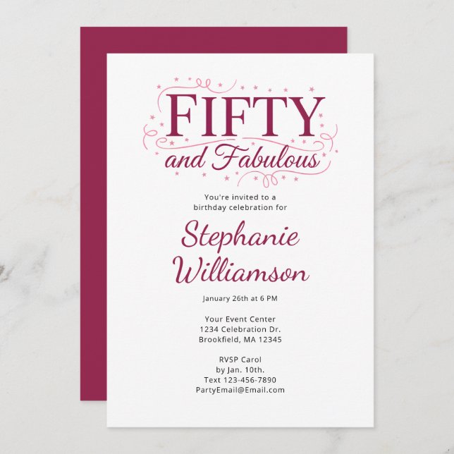 Invitation Fifty and Fabulous Black Berry Pink Script (Devant / Derrière)