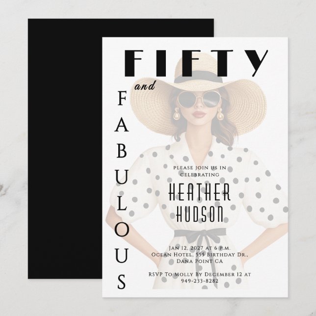 Invitation Fifty and Fabulous Black White 50th Birthday  (Devant / Derrière)