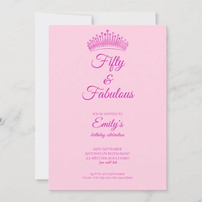 Invitation Fifty and Fabulous Crown Pink Birthday (Devant)