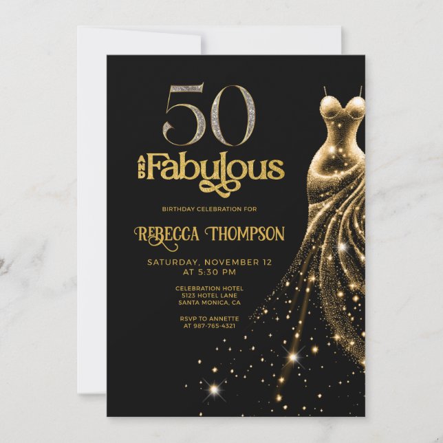 Invitation Fifty and Fabulous Gold Dress Black 50th Birthday (Devant)