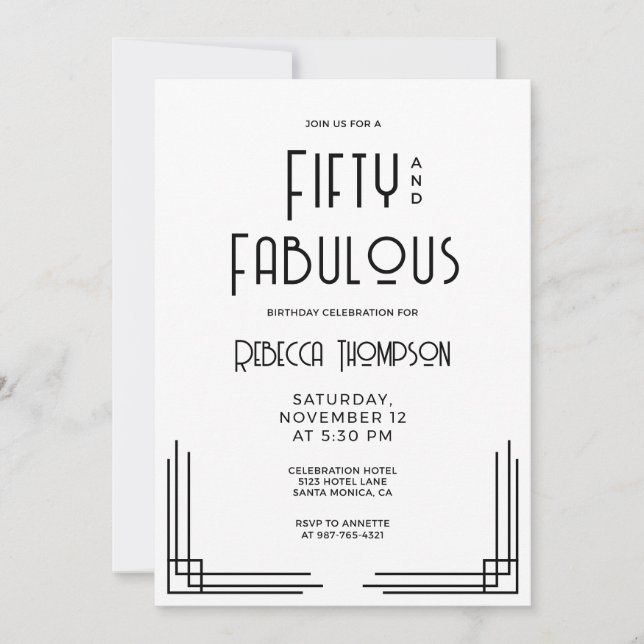 Invitation Fifty and Fabulous Modern Art Deco 50th Birthday (Devant)