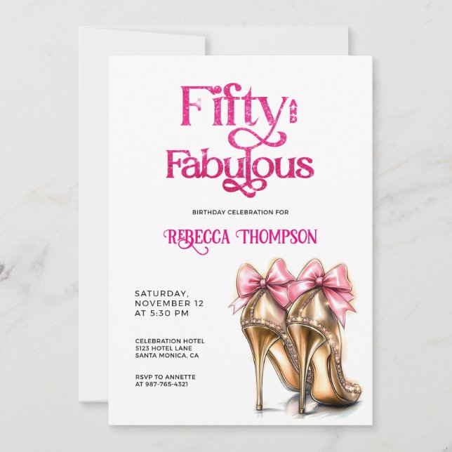 Invitation Fifty and Fabulous Pink Gold Heels 50th Birthday (Devant)