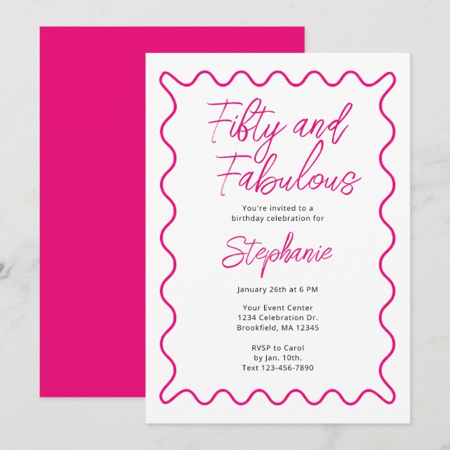 Invitation Fifty and Fabulous Pink Script (Devant / Derrière)