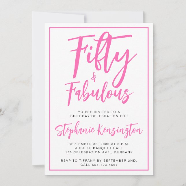 Invitation Fifty and Fabulous Pink Script 50th Birthday Party (Devant)