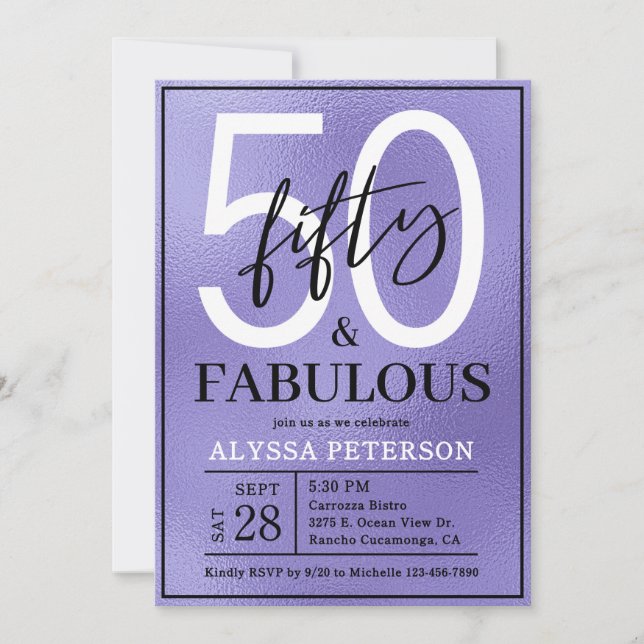 Invitation Fifty and Fabulous Purple Script 50th Birthday (Devant)