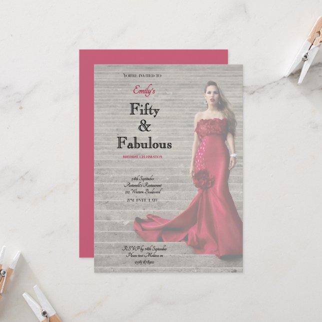 Invitation Fifty and Fabulous Red Dress Script Birthday (Devant/Arrière en situation)