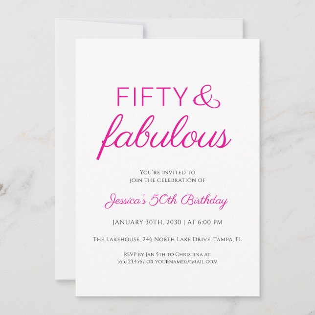 Invitation Fifty and Fabulous Script Pink 50th Birthday Party (Devant)
