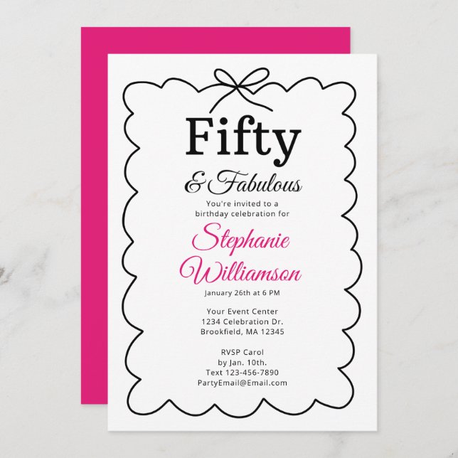 Invitation Fifty and Fabulous Whimsical Black and Pink Script (Devant / Derrière)