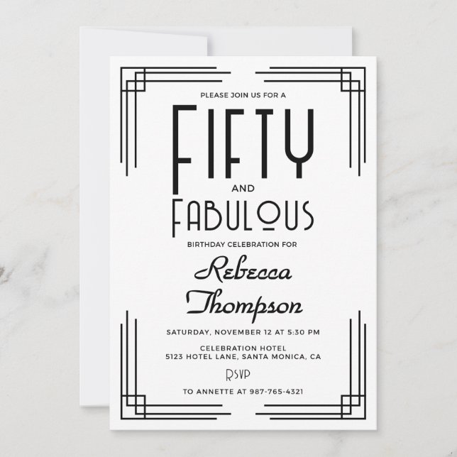 Invitation Fifty Fabulous Black White Art Deco 50th Birthday (Devant)