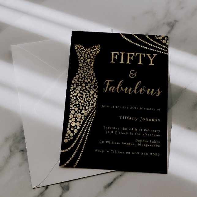 Invitation Fifty & Fabulous Elegant Gold Dress 50th Birthday (Créateur téléchargé)