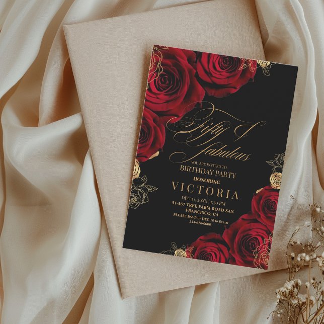 Invitation Fifty & Fabulous Gold Red Rose 50th Birthday (Créateur téléchargé)