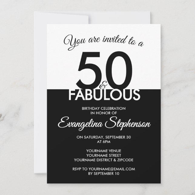 Invitation Fifty Fabulous Modern Black White 50th Birthday  (Devant)
