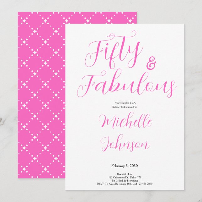 Invitation Fifty & Fabulous Pink Black 50th Birthday Party (Devant / Derrière)