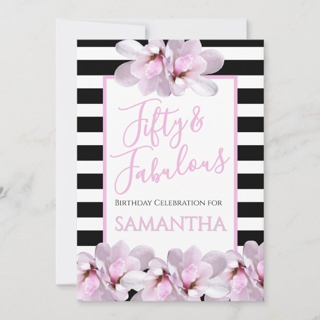 Invitation Fifty & Fabulous Pink Floral Black Stripe Birthday (Devant)