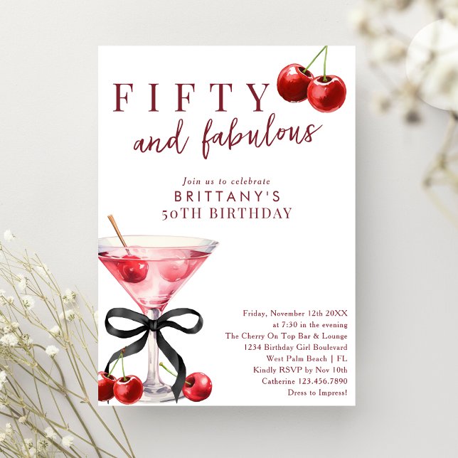 Invitation Fifty & Fabulous Red Cherry Martini 50th Birthday (Créateur téléchargé)