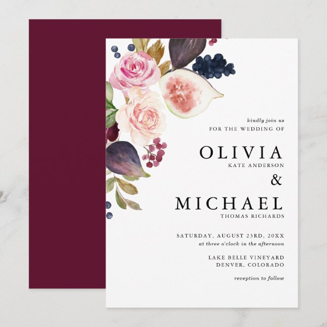 Invitation Figes aquarelles et fleurs d'automne Mariage flora (Devant / Derrière)