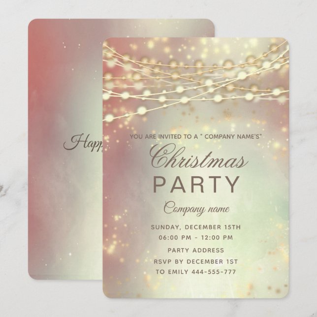Invitation fil lumières or entreprise fête de Noël blush (Devant / Derrière)