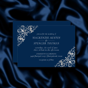 Invitation Filigree Art déco   Mariage bleu marine gris argen
