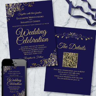 Invitation Filigree or sur bleu marine Elegant QR Code Mariag