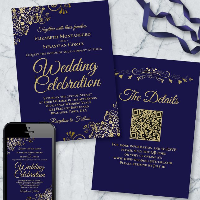 Invitation Filigree or sur bleu marine Elegant QR Code Mariag (Créateur téléchargé)