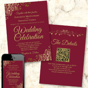 Invitation Filigree or sur Burgundy Elegant QR Code Mariage