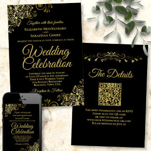 Invitation Filigree or sur le Mariage de code QR élégant noir