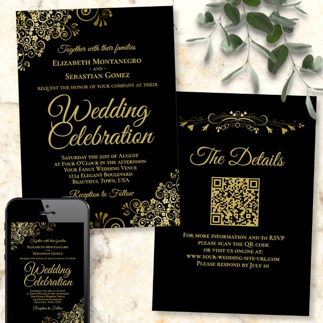 Invitation Filigree or sur le Mariage de code QR élégant noir (Créateur téléchargé)