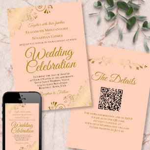 Invitation Filigree or sur Peach Elegant QR Code Mariage